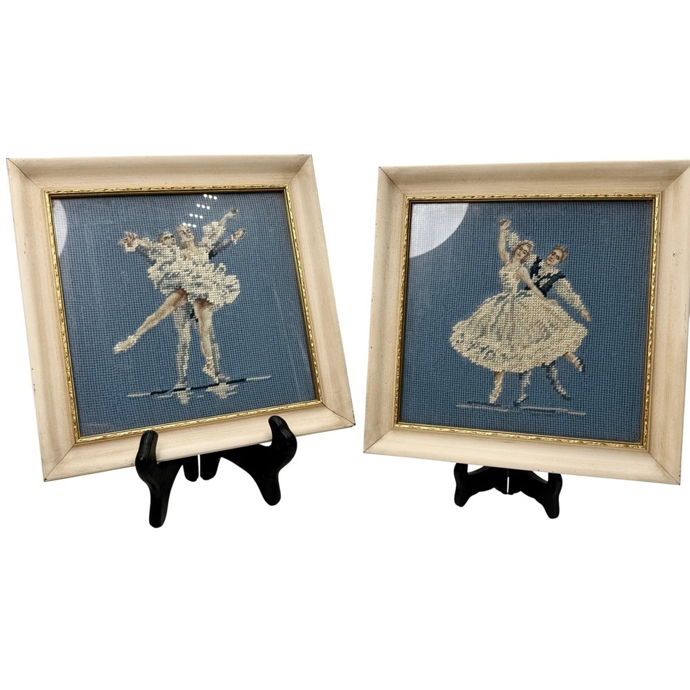 Vintage T Eaton Co Montreal Ballet‎ Dancers Needlepoint Framed Wall Art Set of 2